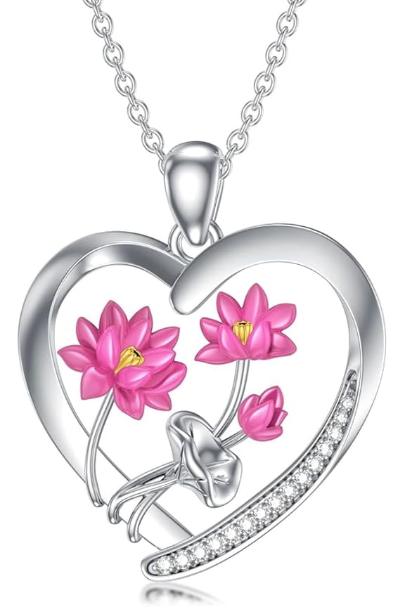 Diamond Birth Flower Necklace for Women 925 Sterling Silver Birth Month Flower in Heart Pendant with Lab Grown Diamond Jewelry Gifts for Her
