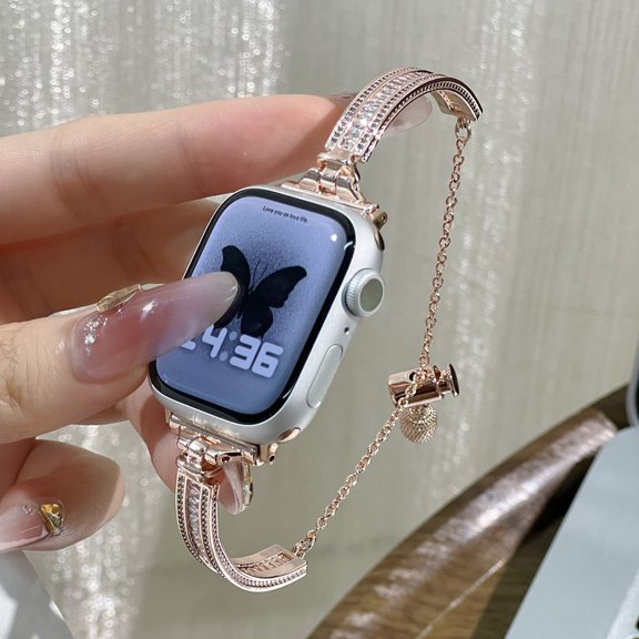 Diamond Bling Band Compatible with Apple Watch 38/40/41/42mm(S10),for Women,Luxury Upgraded Sparkle Replacement Adjustable Dressy Elegant Metal Slim Bracelet Strap Band,Rosegold