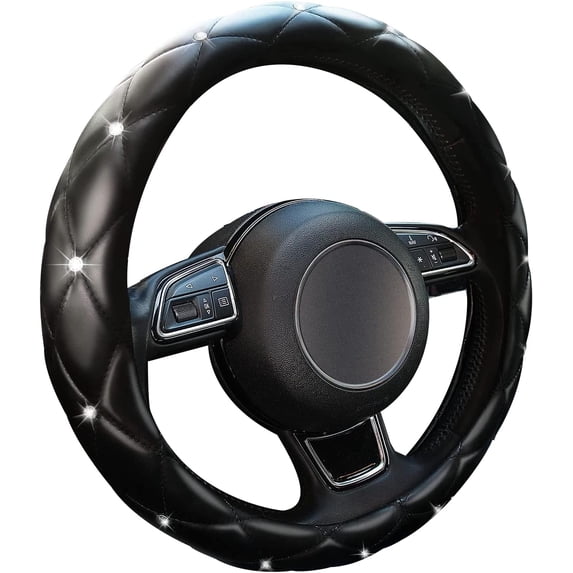 Diamond Bling Steering Wheel Cover for Cars, 15 Inch Soft PU Leather, Breathable & Anti-Slip Rhinestone Design, Universal Vehicle Interior Accessories