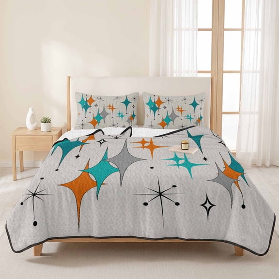 Diamond Block Abstract Geometric 3 Pieces Quilt Set,1 Quilt with 2 Shams,Retro Gray Bohemia Mediterranean Bedspread Soft Lightweight Bedding Coverlet Comforter Set for All Season 96"x106"