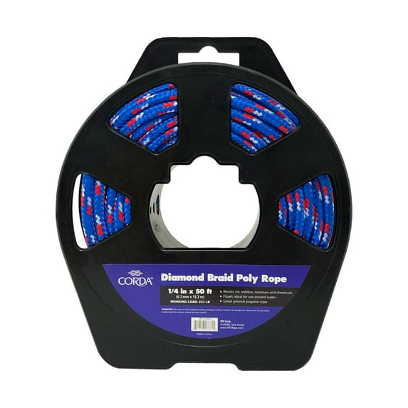 CORDA Diamond Braid Rope, Multicolored, Polypropylene, 1/4" x 50'