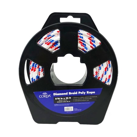 CORDA Diamond Braid Rope, Multicolored, Polypropylene, 5/16" x 35'