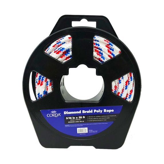 CORDA Diamond Braid Rope, Multicolored, Polypropylene, 5/16" x 35'