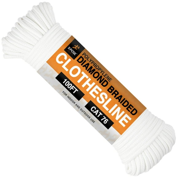 Diamond Braided Clothesline Rope - 100 Ft Rope - Diamond Braid Polypropylene Rope - Poly Braided Rope for Tent Rope, Flag Pole Rope, Camping Rope, Arborist Rope, Clothes Line Cord, Pulley, Hoist