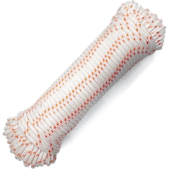 Diamond Braided Polypropylene Rope, 16-Strand 660lbs High Strength Utility Cord, Lightweight, Floating Rope for Camping, Flag Pole,Marine, Indoor and Outdoor Use (White/Orange, 3/16in X 100FT)