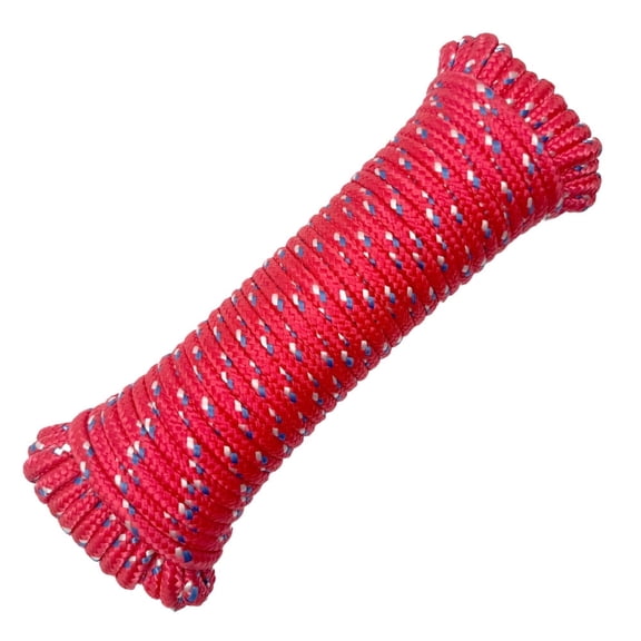 Diamond Braided Polypropylene Rope, 16-Strand 660lbs High Strength Utility Cord, Lightweight, Floating Rope for Camping, Flag Pole,Marine, Indoor and Outdoor Use (Red, 3/8in X 100FT)