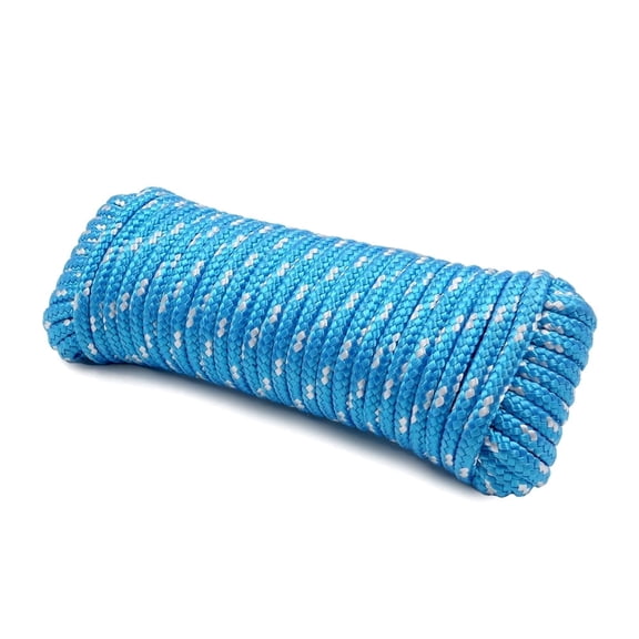 Diamond Braided Polypropylene Rope, 16-Strand 660lbs High Strength Utility Cord, Lightweight, Floating Rope for Camping, Flag Pole,Marine, Indoor and Outdoor Use (Light Blue, 1/4in X 65FT)
