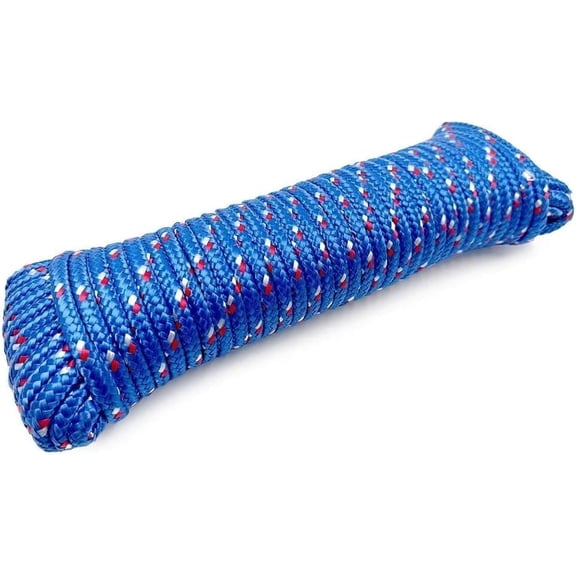 Diamond Braided Polypropylene Rope with Non-Woven Core, 16-Strand Lightweight Floating Utility Rope for Camping, Marine, Flag Pole, Indoor and Outdoor Use (Blue, 3/8in X 100FT)