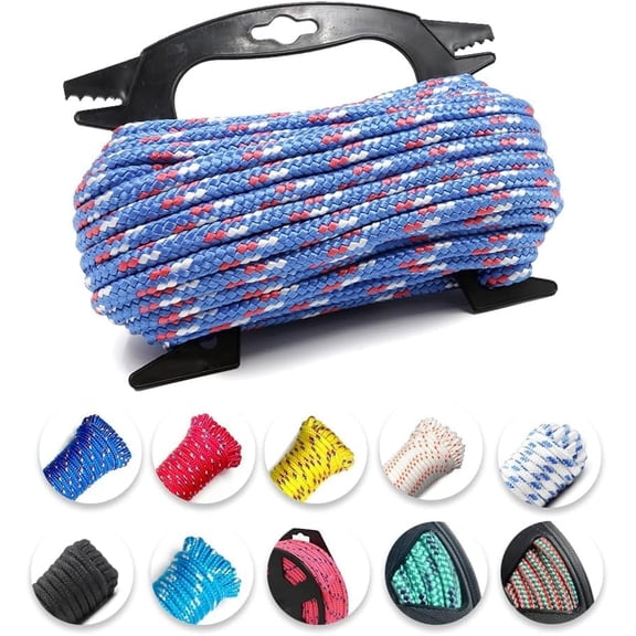 Diamond Braided Polypropylene Rope, 16-Strand Lightweight Floating Utility Rope for Camping, Marine, Flag Pole, Indoor and Outdoor Use (Blue/Red, 1/4in X 65FT)