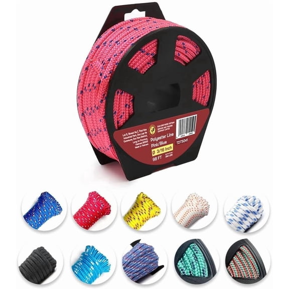 Diamond Braided Polypropylene Rope, 16-Strand Lightweight Floating Utility Rope for Camping, Marine, Flag Pole, Indoor and Outdoor Use (Pink/Blue, 3/16in X 98FT)