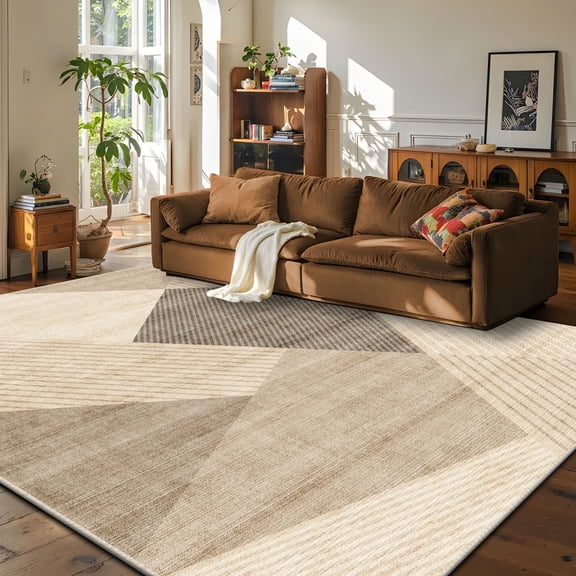 Pentantan 8'x10' Area Rugs for Living Room, Machine Washable Modern Geometric Neutral Rug, Non Slip Low Pile Indoor Carpet for Bedroom Dining Room Office, Brown