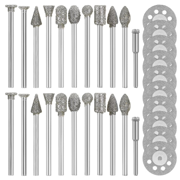 Diamond Burr Bit Cutting Wheel Set 1/8 Inch Shank Rotary Grinding Tool Mandrels For Glass Stone Ceramic 32 Pcs (silver )
