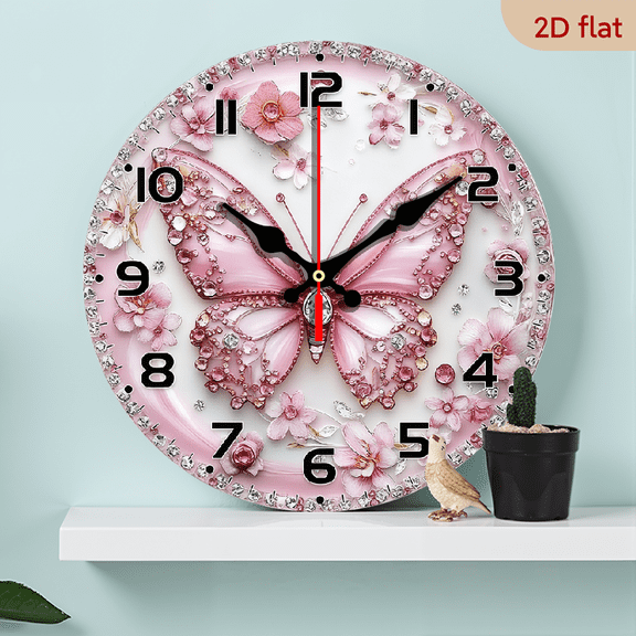 Diamond Butterfly Design - 1pc 10 Inches European And American Style Wooden Round Silent Plane Clock - Battery Not Included, Silent Wall Clock, Add Joy Time To Your Study Or Living Room, Perfe