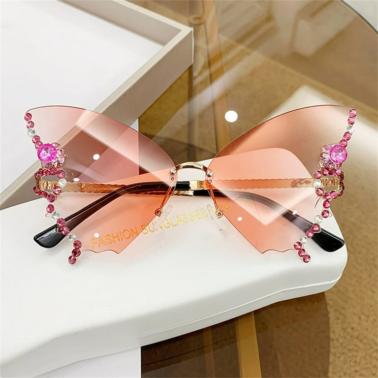 Diamond Butterfly Sunglasses Women Vintage Rimless Oversized