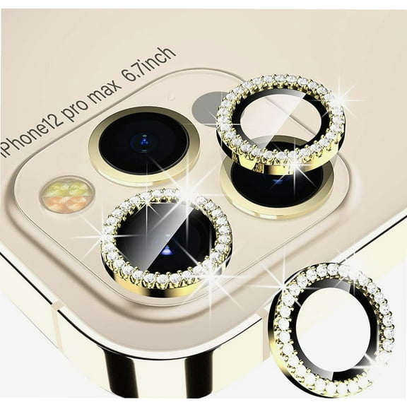 Diamond Camera Lens protector for iphone 12 Pro Max Only, HD Clear Tempered Glass Screen Protection + Alloy Full Fit Lens Ring Cover, Case friendly, Scratch proof (Gold)