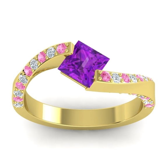 Diamond-Cap1.25 Carat Princess Cut Pink Sapphire Gemstone Fancy Wedding Ring for Women Solid 14K Yellow Gold Size 7