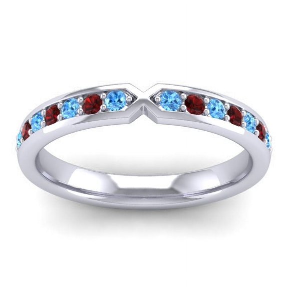 Diamond-Capitals 0.30 Carat Round Cut Blue Topaz & Garnet Gemstone Fancy Engagement Eternity Band for Women 14K White Gold Size 6