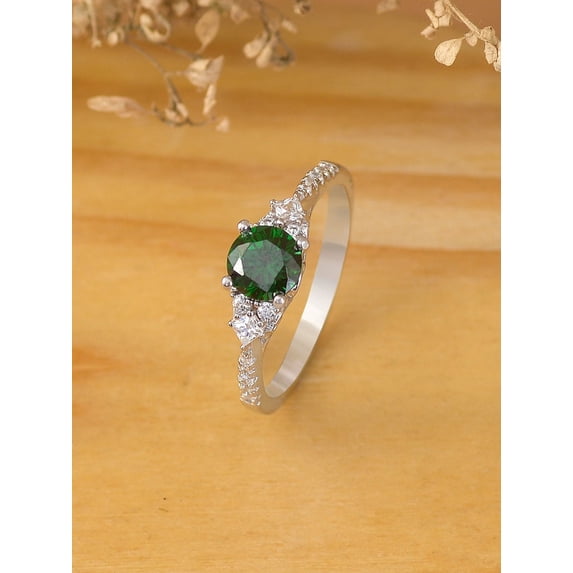 Diamond-Capitals 1.15 Carat Stylish Round Cut Natural Diamond Green Emerald Gemstone Ring for Proposal Gift Solid 14K White Gold Size 7