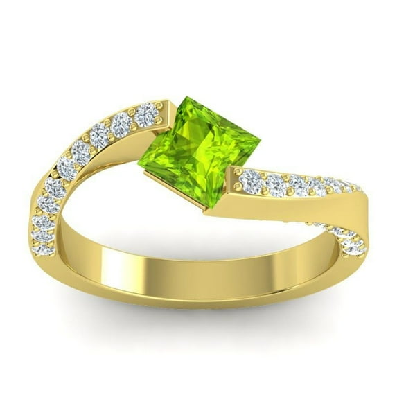 Diamond-Capitals 1.20 Carat Beautiful Princess Cut Peridot Gemstone & Natural Diamond (F-G/VS1) Proposal Ring for Ladies Solid 18K Yellow Gold Size 7.5