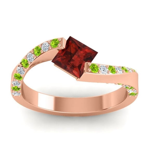 Diamond-Capitals 1.20 Carat Elegant Natural Diamond Garnet & Peridot Gemstone Bridal Ring for Ladies Solid 18K Rose Gold Size 10