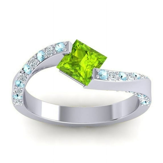Diamond-Capitals 1.20 Carat Stunning Natural Diamond Peridot & Aquamarine Gemstone Wedding Ring for her Solid 14K White Gold Size 8.5