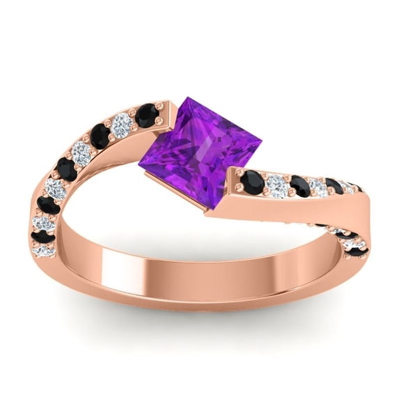 Diamond-Capitals 1.25 Carat Beautiful Princess Cut Amethyst & Black Onyx Gemstone Wedding Ring for Ladies Solid 14K Rose Gold Size 4