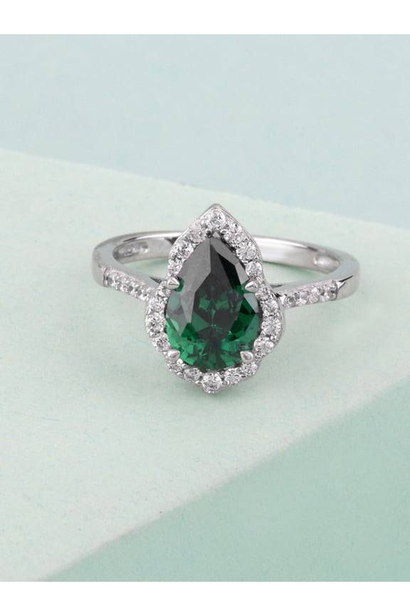 1.25 Carat Pear Cut Green Emerald Gemstone with Natural Diamond Lovely Wedding Ring for Fiancee 14K White Gold Size 8