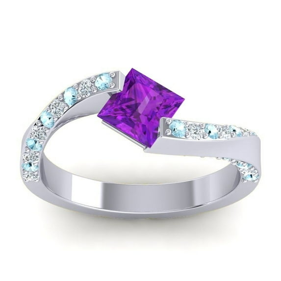 Diamond-Capitals 1.25 Carat Princess Cut Amethyst & Aquamarine Gemstone Fancy Proposal Ring for her Solid 18K White Gold Size 7.5