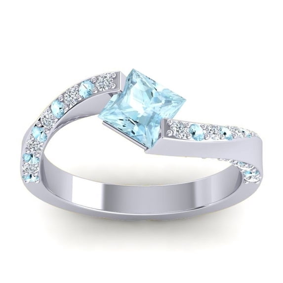 Diamond-Capitals 1.25 Carat Sparkle Princess Cut Aquamarine & Aquamarine Gemstone Proposal Ring for Women Solid 14K White Gold Size 8.5