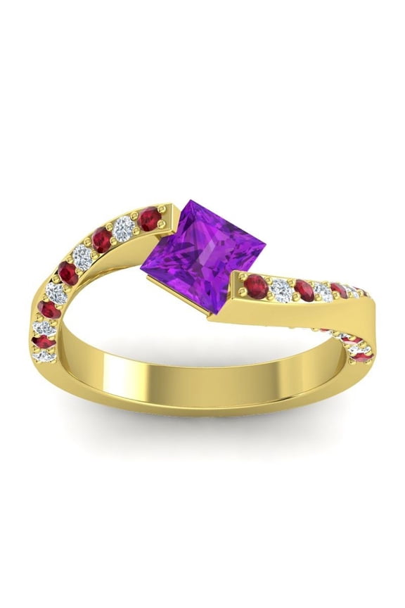 1.25 Carat Wonderful Princess Cut Amethyst & Red Ruby Gemstone Bridal Ring for Women 14K Yellow Gold Size 6