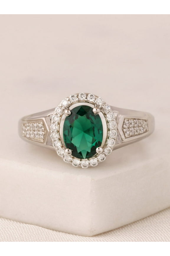 1.30 Carat Sparkle Oval Cut Green Emerald Gemstone with Natural Diamond Wedding Ring for Fiancee 18K White Gold Size 4