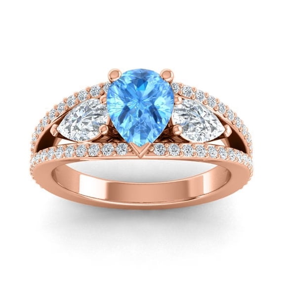 Diamond-Capitals 2.00 Carat Round Cut Blue Topaz Gemstone & Natural Diamond Luxurious Three Stone Proposal Ring for Women Solid 18K Rose Gold Size 9.5