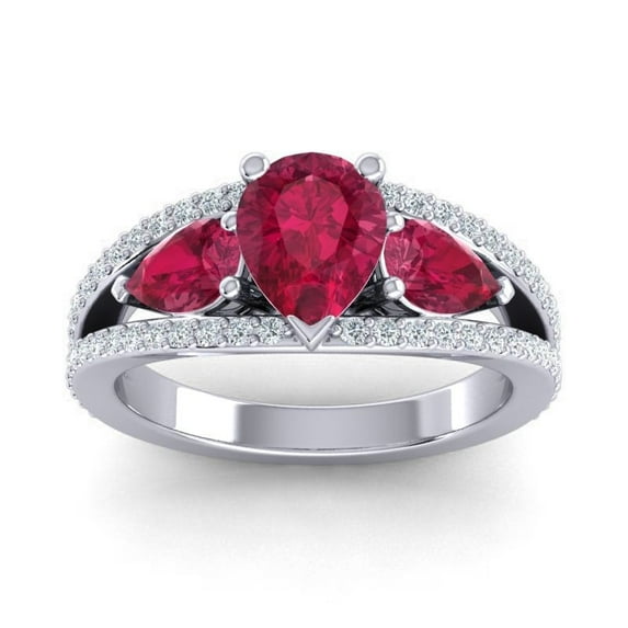 Diamond-Capitals 2.00 Ct Stunning Pear Cut Red Ruby Gemstone & Natural Diamond 3-Stone Engagement Ring for Women Solid 14K White Gold Size 3