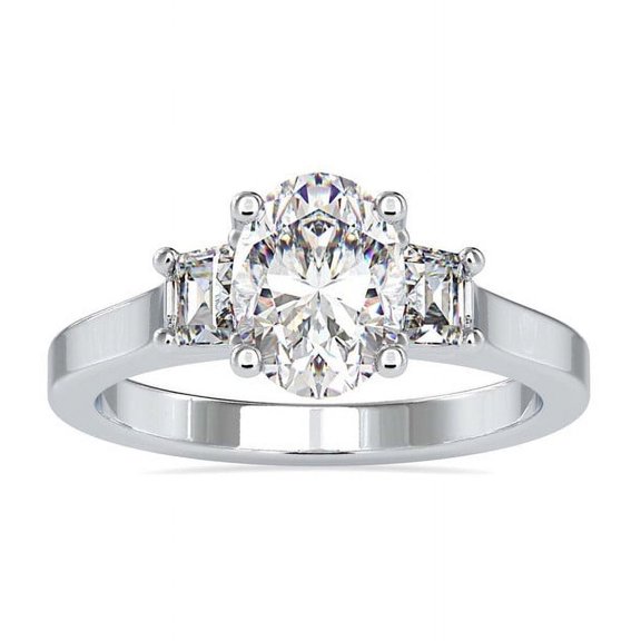 Diamond-Capitals 2.10 Ct Oval Shape 3-stone Moissanite Genuine Anniversary Ring for her Solid 14K White Gold Size 7 (D/VVS1)