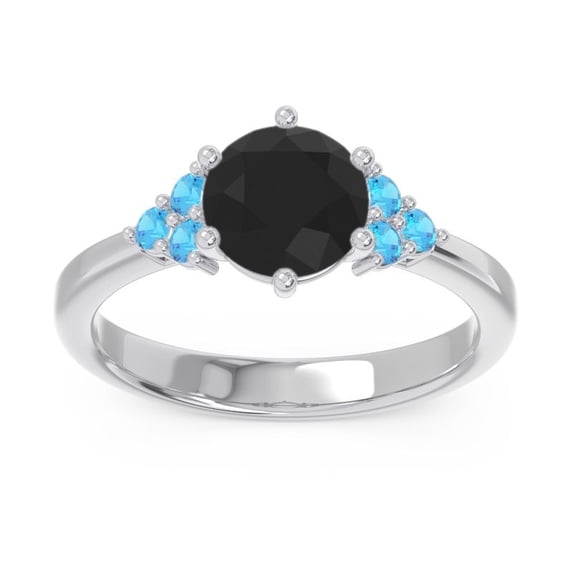 Diamond-Capitals 2.15 Carat Beautiful Round Cut Black Onyx & Blue Topaz Gemstone Proposal Ring for Women Solid 14K White Gold Size 8.5