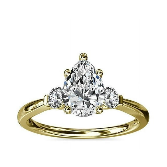 Diamond-Capitals 2.20 Ct Unique Pear Shape Moissanite 3 Stone Anniversary Ring for Ladies Solid 18K Yellow Gold Size 3.5