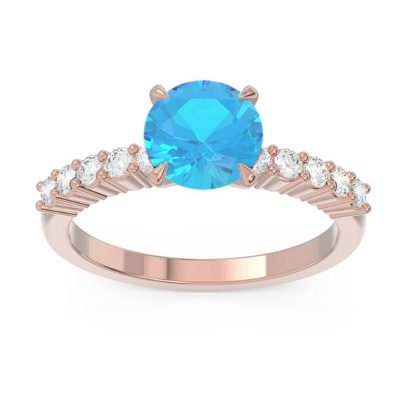 Diamond-Capitals 2.25 Carat Round Shape Natural Diamond & Blue Topaz Gemstone Luxurious Anniversary Ring for Ladies Solid 18K Rose Gold Size 9.5
