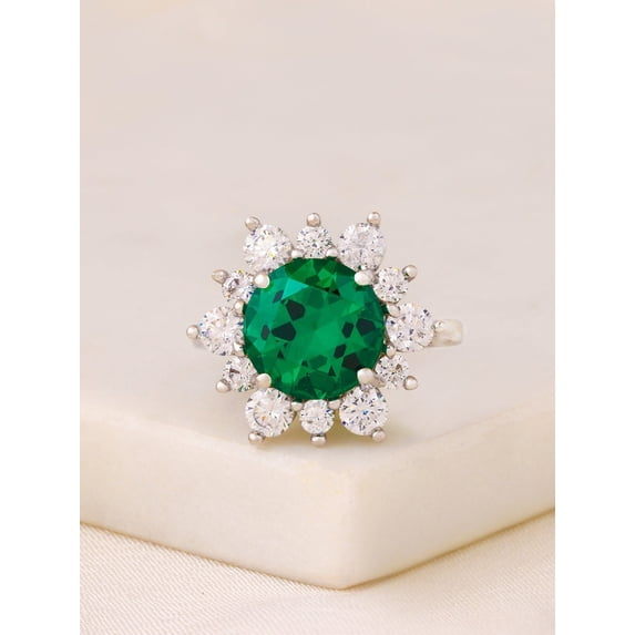 Diamond-Capitals 2.25 Carat Stunning (F-G/VS1) Round Cut Real Diamond Green Emerald Halo Anniversary Ring for Wife Solid 14K White Gold Size 10