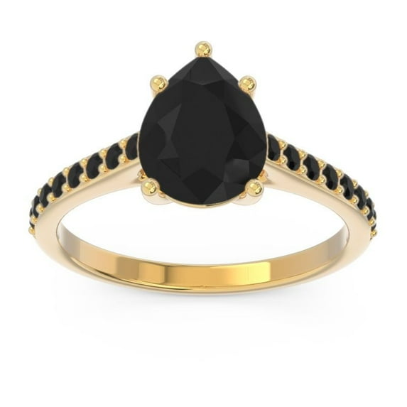 Diamond-Capitals 2.30 Carat Beautiful Pear Cut Black Onyx Gemstone Wedding Ring for Women Solid 14K Yellow Gold Size 11