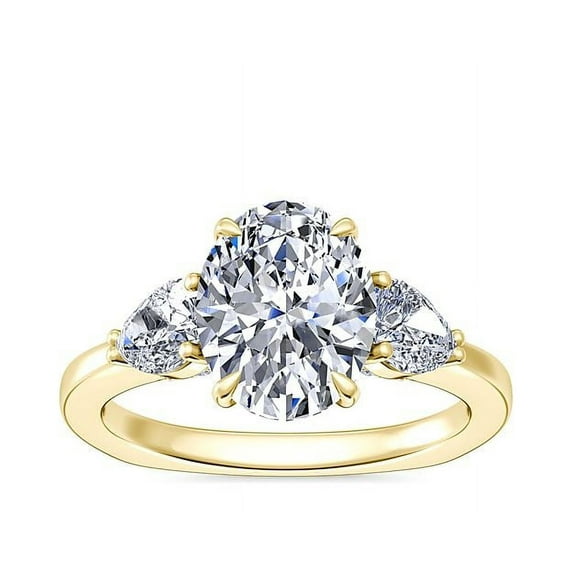 Diamond-Capitals 2.30 Carat Fashionable Oval Cut Moissanite 3 Stone Ring for Proposal Solid 18K Yellow Gold Size 8