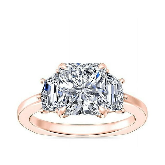 Diamond-Capitals 2.30 Carat Moissanite Stylish Radiant Shape 3 Stone Wedding Ring for her Solid 18K Rose Gold Size 8.5