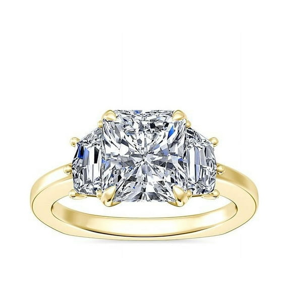 Diamond-Capitals 2.30 Carat Trendy Radiant Cut Moissanite 3 Stone Engagement Ring for her Solid 14K Yellow Gold Size 9