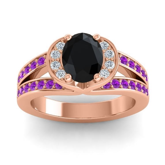 Diamond-Capitals 2.35 Carat New Design Oval Cut Black Onyx & Amethyst Gemstone Bridal Ring for Women 14K Rose Gold Size 6