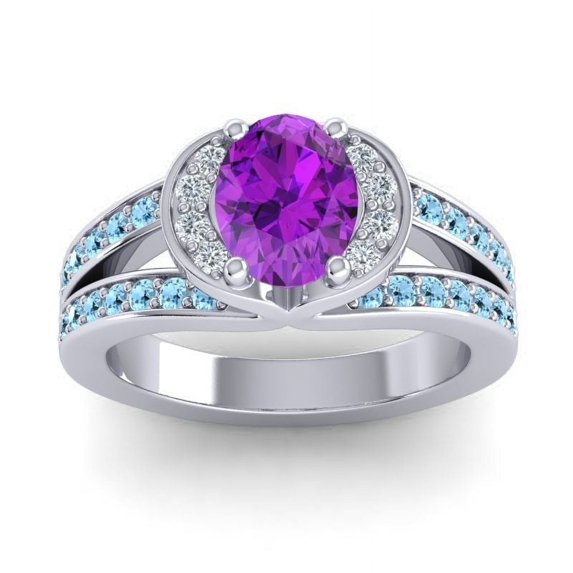 Diamond-Capitals 2.35 Carat New Oval Cut Amethyst & Aquamarine Gemstone Wedding Ring for Ladies Solid 14K White Gold Size 4