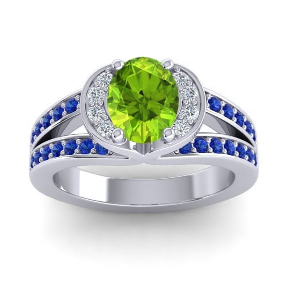 Diamond-Capitals 2.35 Carat New Oval Cut Peridot & Blue Sapphire Gemstone Wedding Ring for Ladies Solid 14K White Gold Size 4