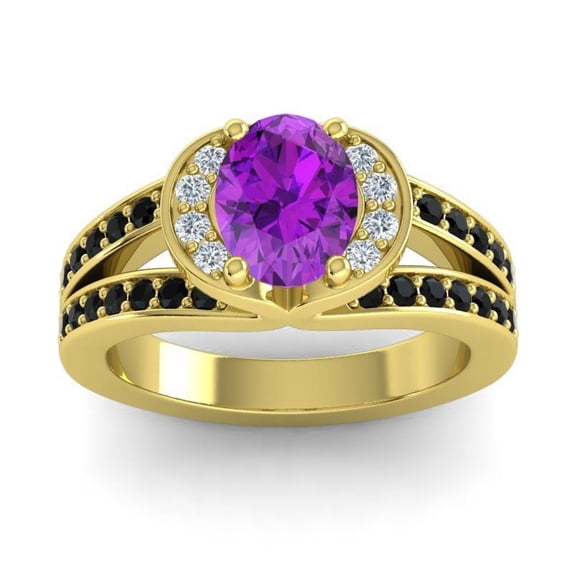 Diamond-Capitals 2.35 Carat Oval Cut Amethyst & Black Onyx Gemstone Shiny Engagement Ring for Ladies in Solid 18K Yellow Gold Size 7