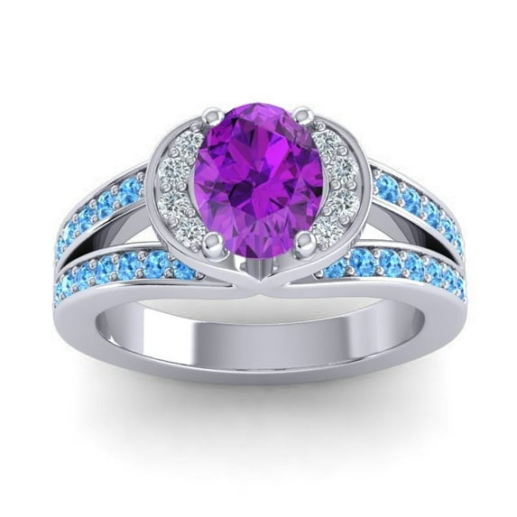 Diamond-Capitals 2.35 Carat Oval Cut Amethyst & Blue Topaz Gemstone Shiny Engagement Ring for her Solid 18K White Gold Size 10