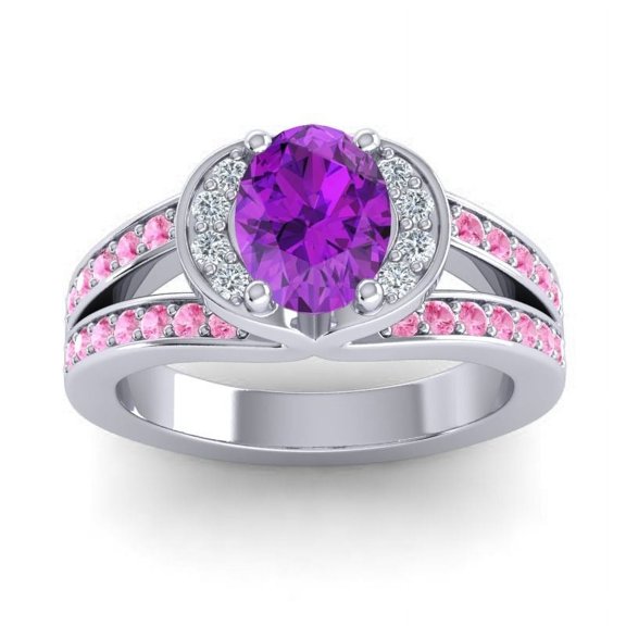 Diamond-Capitals 2.35 Carat Oval Cut Amethyst & Pink Sapphire Gemstone Luxurious Engagement Ring for Fiancee Solid 14K White Gold Size 7