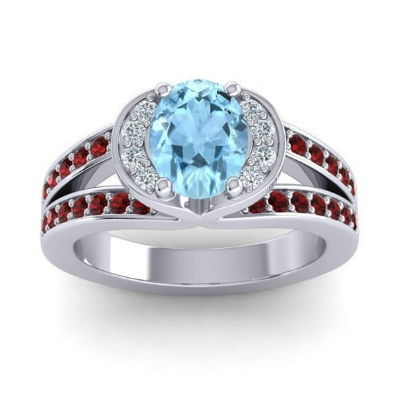 Diamond-Capitals 2.35 Carat Oval Cut Aquamarine & Garnet Gemstone Luxurious Wedding Ring for her Solid 18K White Gold Size 9.5