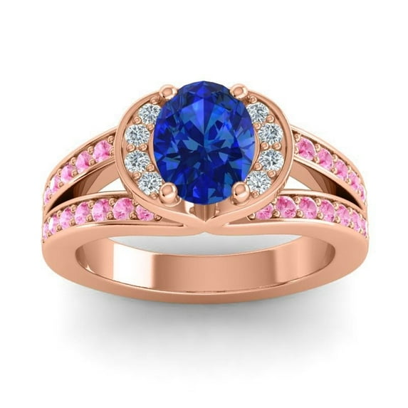 Diamond-Capitals 2.35 Carat Oval Cut Blue Sapphire & Pink Sapphire Gemstone Unique Wedding Ring for Ladies in Solid 18K Rose Gold Size 7